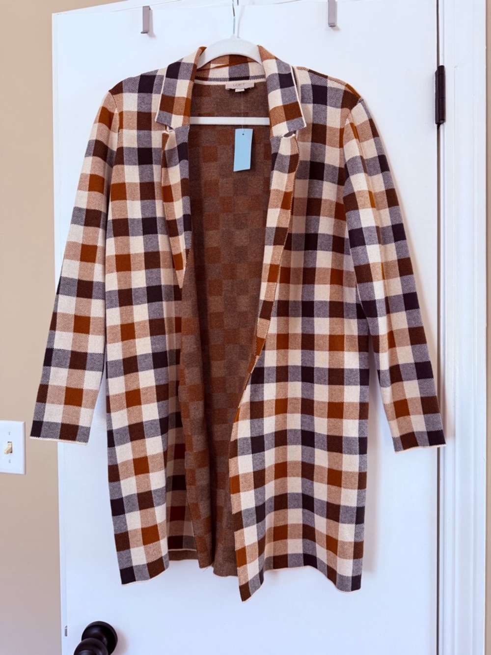 LOFT Plaid Open-Front Cardigan Jacket - Cream, Brown & Black